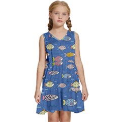 Sea Fish Blue Submarine Animal Kids  Sleeveless Tiered Mini Dress by Proyonanggan