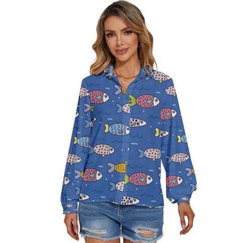 Sea Fish Blue Submarine Animal Women s Long Sleeve Button Up Shirt by Proyonanggan