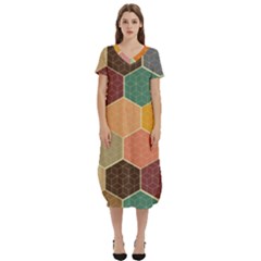 Abstract Hex Hexagon Grid Pattern Honeycomb T-shirt Midi Dress With Pockets by Proyonanggan