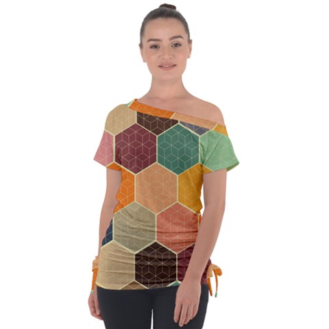 Abstract Hex Hexagon Grid Pattern Honeycomb Off Shoulder Tie-up T-shirt by Proyonanggan