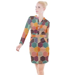 Abstract Hex Hexagon Grid Pattern Honeycomb Button Long Sleeve Dress by Proyonanggan