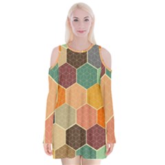 Abstract Hex Hexagon Grid Pattern Honeycomb Velvet Long Sleeve Shoulder Cutout Dress