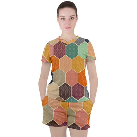 Abstract Hex Hexagon Grid Pattern Honeycomb Women s T-shirt And Shorts Set by Proyonanggan