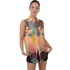 Abstract Hex Hexagon Grid Pattern Honeycomb Sleeveless Chiffon Button Shirt