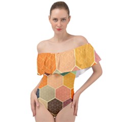 Abstract Hex Hexagon Grid Pattern Honeycomb Off Shoulder Velour Bodysuit  by Proyonanggan