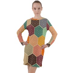 Abstract Hex Hexagon Grid Pattern Honeycomb Long Sleeve Hoodie Dress