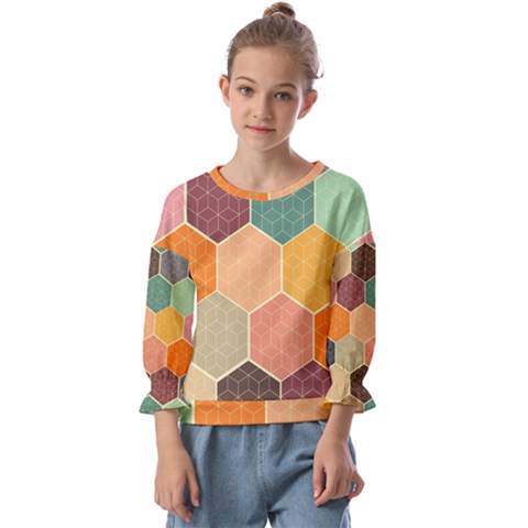 Abstract Hex Hexagon Grid Pattern Honeycomb Kids  Cuff Sleeve Top by Proyonanggan