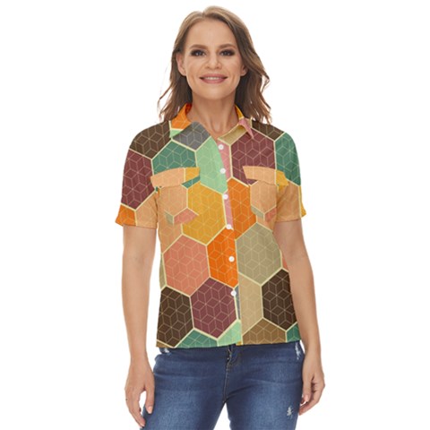 Abstract Hex Hexagon Grid Pattern Honeycomb Women s Short Sleeve Double Pocket Shirt by Proyonanggan