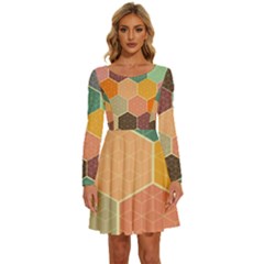 Abstract Hex Hexagon Grid Pattern Honeycomb Long Sleeve Wide Neck Velvet Dress by Proyonanggan