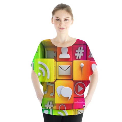 Colorful 3d Social Media Batwing Chiffon Blouse by Ket1n9