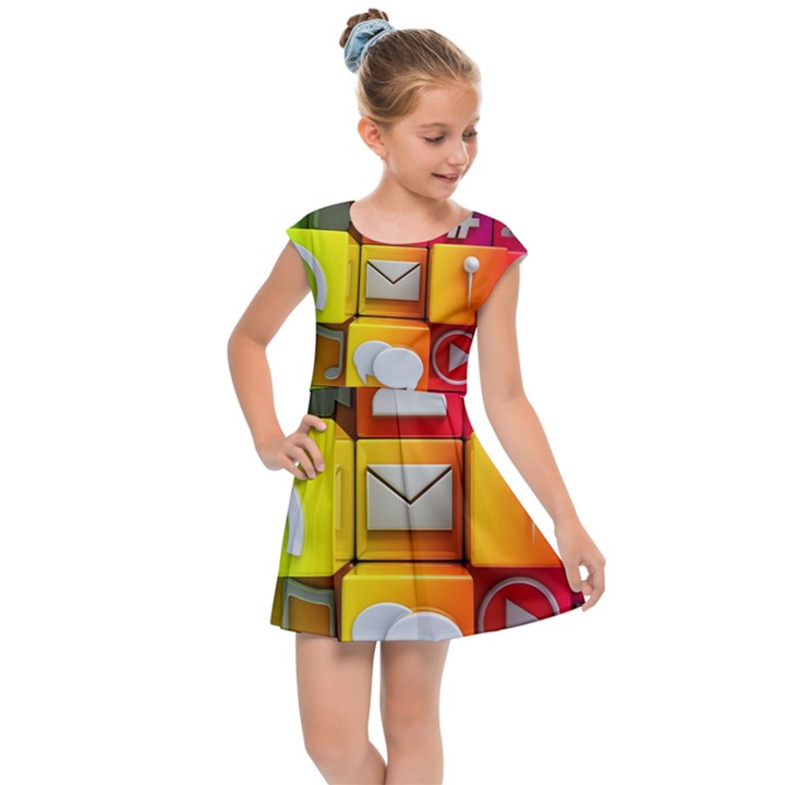 Colorful 3d Social Media Kids  Cap Sleeve Dress