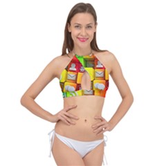 Colorful 3d Social Media Cross Front Halter Bikini Top by Ket1n9