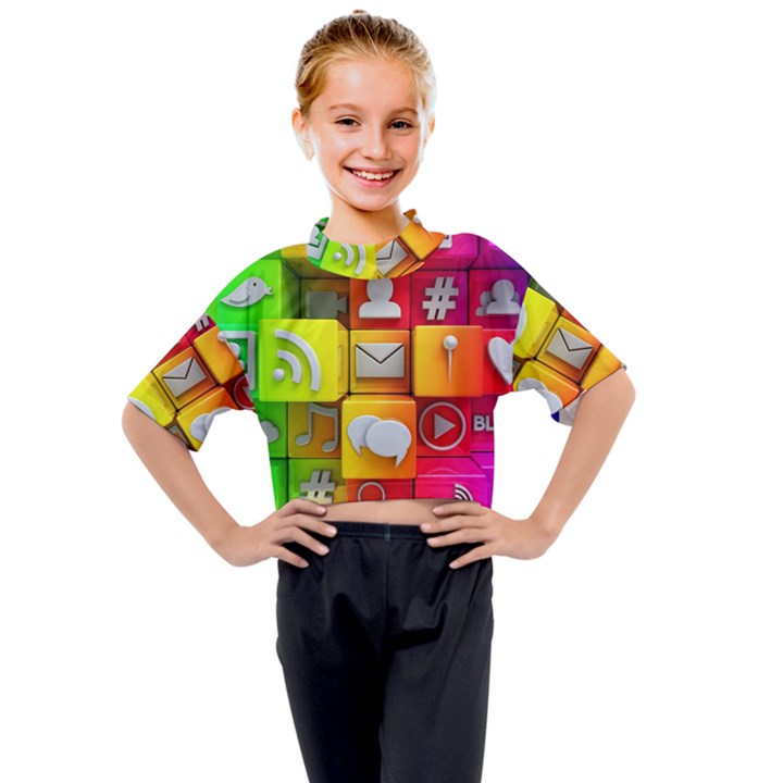 Colorful 3d Social Media Kids Mock Neck T-Shirt