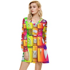 Colorful 3d Social Media Tiered Long Sleeve Mini Dress by Ket1n9