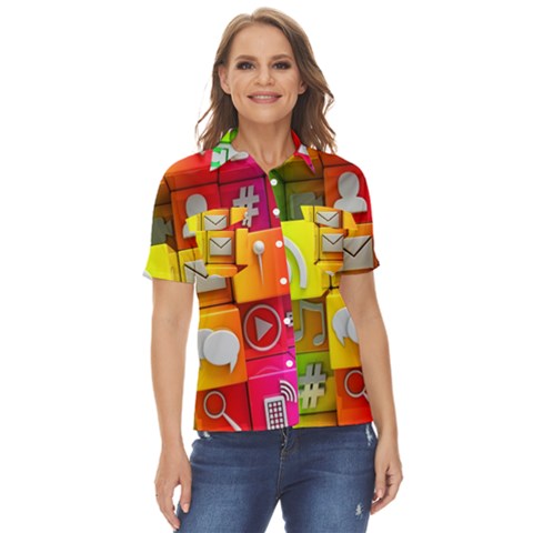 Colorful 3d Social Media Women s Short Sleeve Double Pocket Shirt by Ket1n9