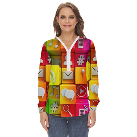 Colorful 3d Social Media Zip Up Long Sleeve Blouse by Ket1n9