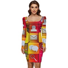 Colorful 3d Social Media Women Long Sleeve Ruched Stretch Jersey Dress