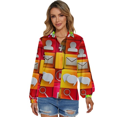 Colorful 3d Social Media Women s Long Sleeve Button Up Shirt by Ket1n9