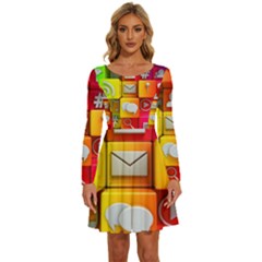 Colorful 3d Social Media Long Sleeve Wide Neck Velvet Dress by Ket1n9