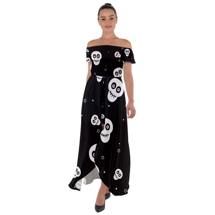 Skull Pattern Off Shoulder Open Front Chiffon Dress