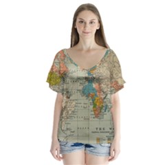 Vintage World Map V-neck Flutter Sleeve Top by Ket1n9