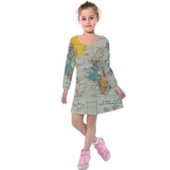 Vintage World Map Kids  Long Sleeve Velvet Dress by Ket1n9