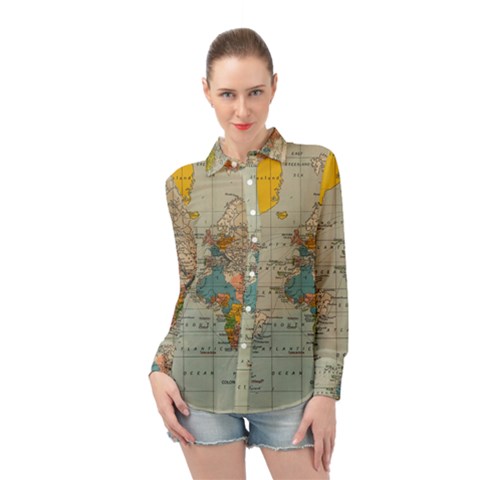 Vintage World Map Long Sleeve Chiffon Shirt by Ket1n9