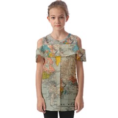 Vintage World Map Fold Over Open Sleeve Top by Ket1n9