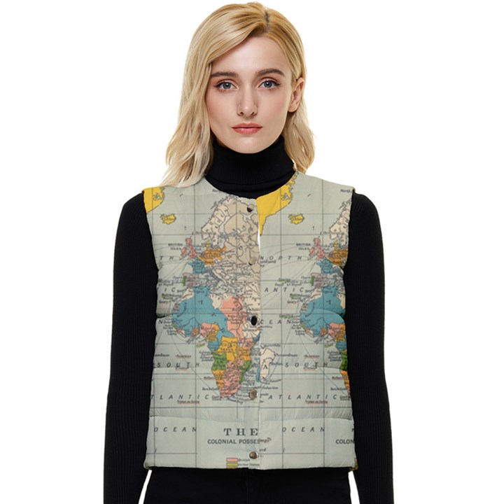 Vintage World Map Women s Button Up Puffer Vest