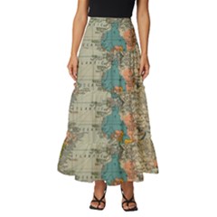 Vintage World Map Tiered Ruffle Maxi Skirt by Ket1n9