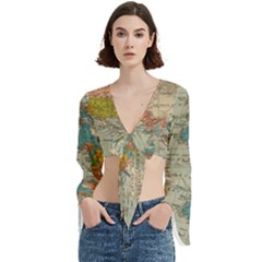 Vintage World Map Trumpet Sleeve Cropped Top