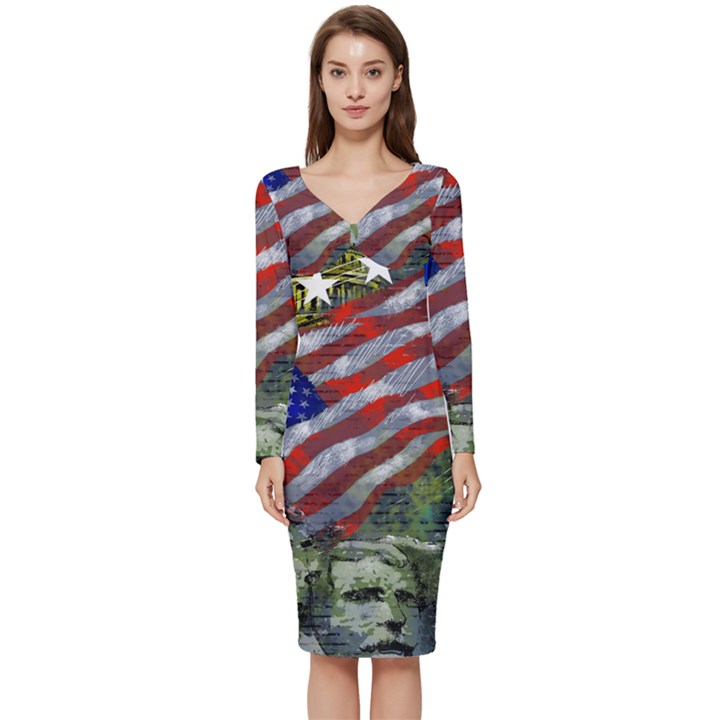 Usa United States Of America Images Independence Day Long Sleeve V-Neck Bodycon Dress 