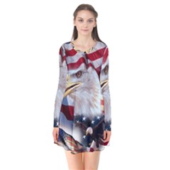 United States Of America Images Independence Day Long Sleeve V-neck Flare Dress