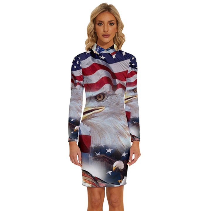 United States Of America Images Independence Day Long Sleeve Shirt Collar Bodycon Dress