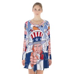 Independence Day United States Of America Long Sleeve Velvet V-neck Dress