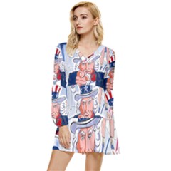 Independence Day United States Of America Tiered Long Sleeve Mini Dress