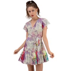 Clouds Multicolor Fantasy Art Skies Flutter Sleeve Wrap Dress by Ket1n9