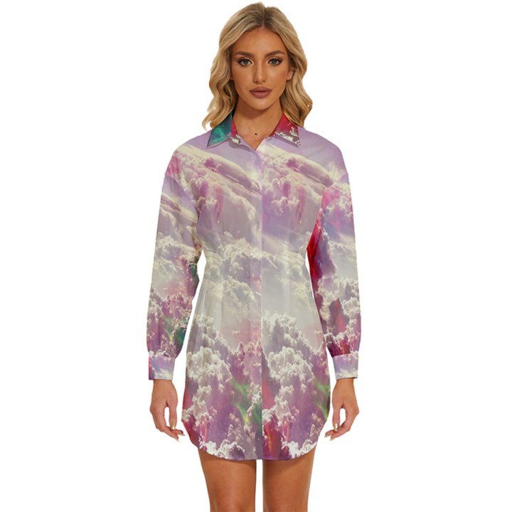 Clouds Multicolor Fantasy Art Skies Womens Long Sleeve Shirt Dress