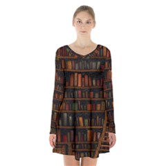 Books Library Long Sleeve Velvet V-neck Dress