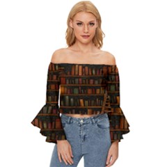 Books Library Off Shoulder Flutter Bell Sleeve Top