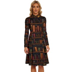 Books Library Long Sleeve Shirt Collar A-line Dress by Ket1n9