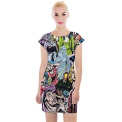 Vintage Horror Collage Pattern Cap Sleeve Bodycon Dress by Ket1n9