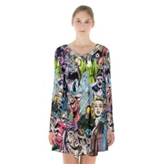 Vintage Horror Collage Pattern Long Sleeve Velvet V-neck Dress