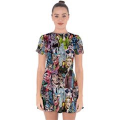 Vintage Horror Collage Pattern Drop Hem Mini Chiffon Dress by Ket1n9