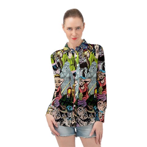 Vintage Horror Collage Pattern Long Sleeve Chiffon Shirt by Ket1n9