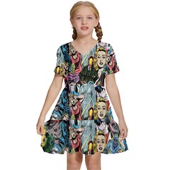 Vintage Horror Collage Pattern Kids  Short Sleeve Tiered Mini Dress by Ket1n9