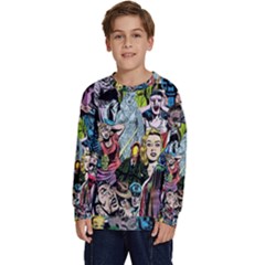 Vintage Horror Collage Pattern Kids  Crewneck Sweatshirt