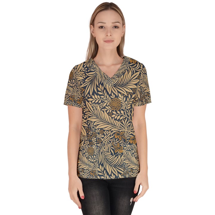 Brown Vintage Background Vintage Floral Pattern Women s V-Neck Scrub Top