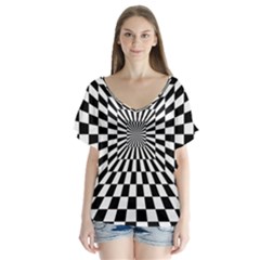 Optical-illusion-chessboard-tunnel V-neck Flutter Sleeve Top by Bedest