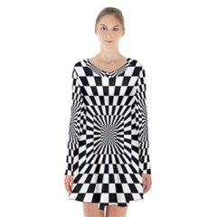 Optical-illusion-chessboard-tunnel Long Sleeve Velvet V-neck Dress